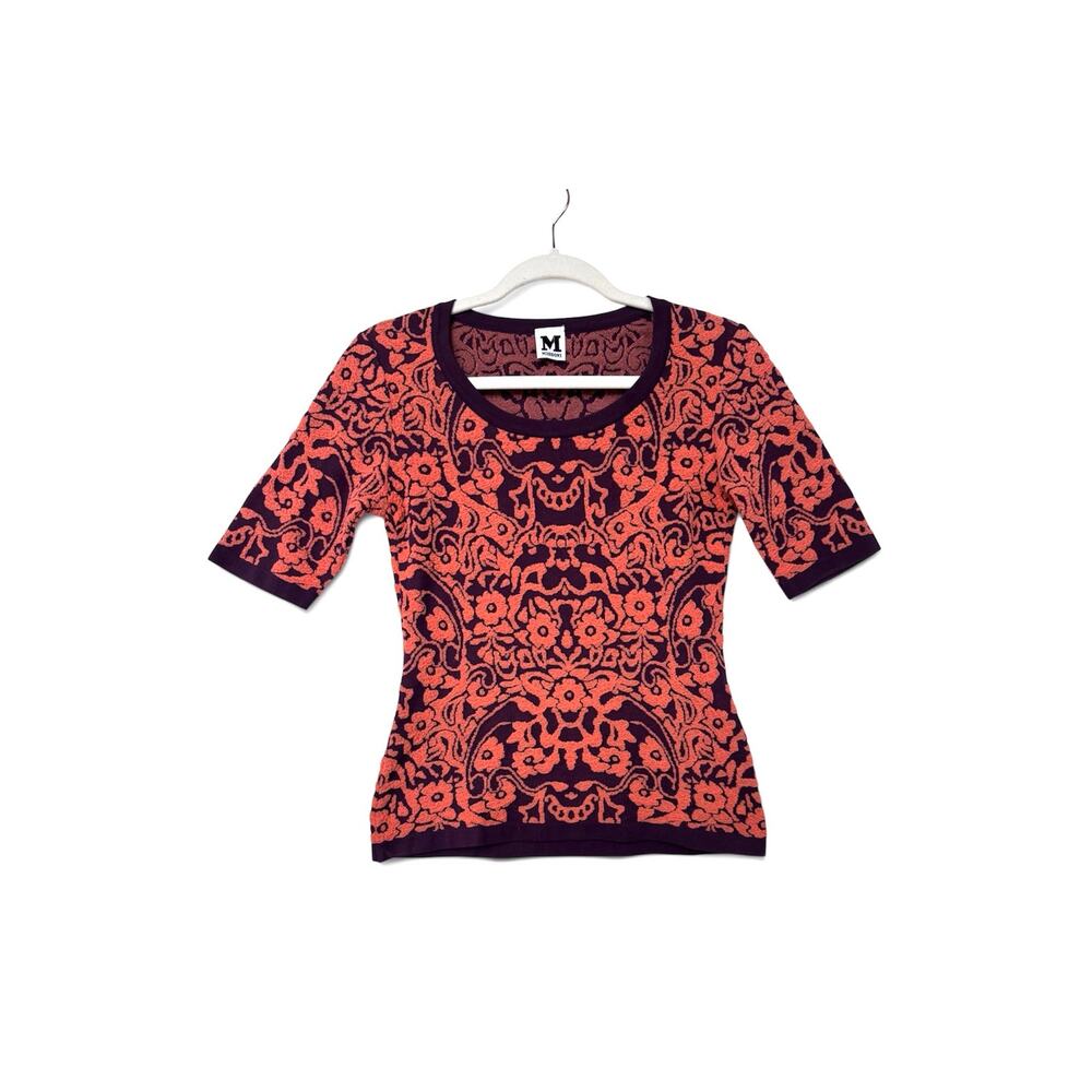 M Missoni Damask Jacquard Knit Short Sleeve Top sweater purple orange 40 small
